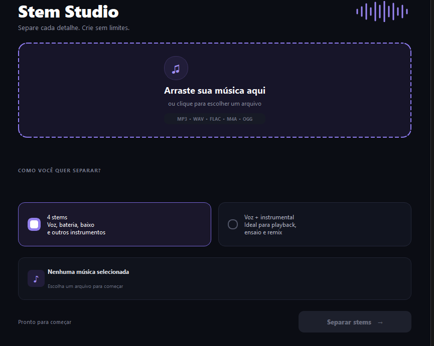 Tela real do Stem Studio mostrando a área de seleção de música e os modos de separação